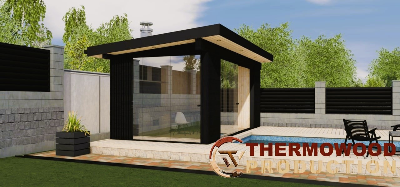 Дерев'яна альтанка біля басейну 5.9х2.8м з термодерева від виробника Thermowood Production