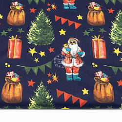 Бязь новорічна "Санта Клаус і мішок із подарунками" на темно-синьому тлі, №5362