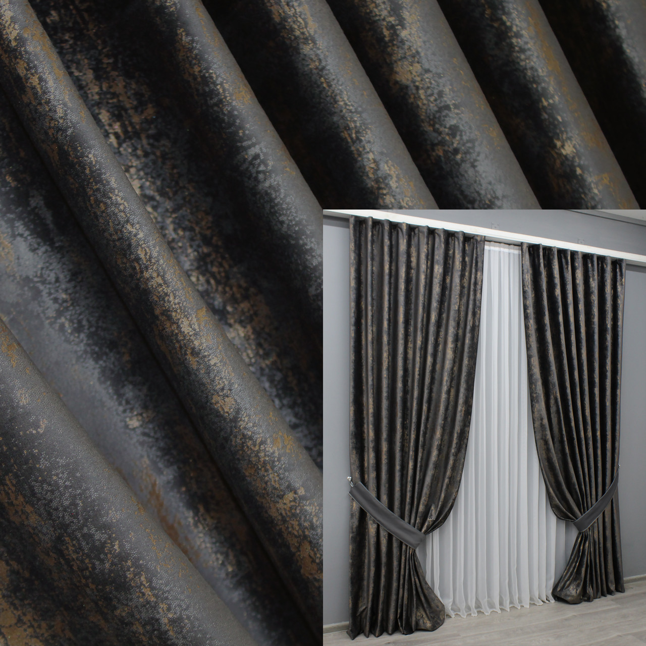 Комплект штор (2шт. 1,5х2,9м.) оксамит (бархат), колекція "Афіна", Туреччина. Колір графітовий з золотистим Код 1540ш 33-0805, фото 1