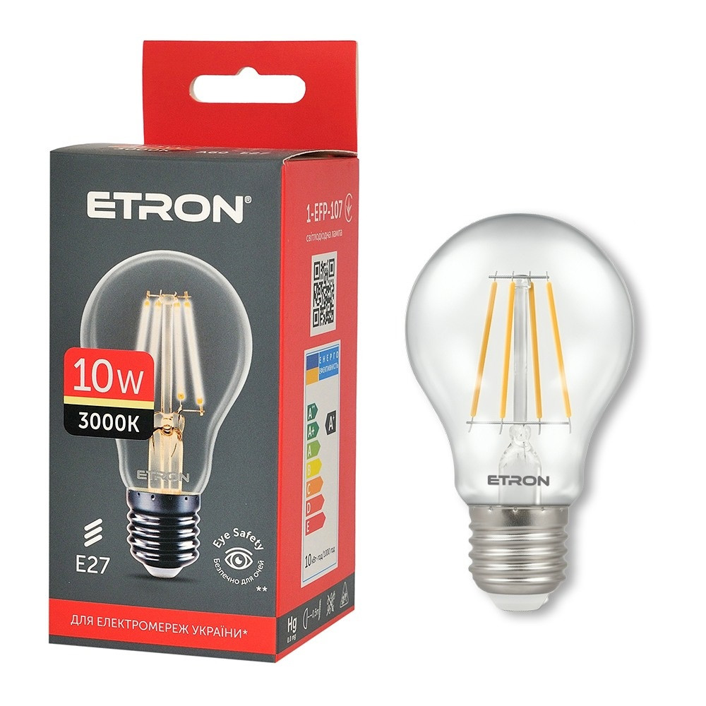 Світлодіодна LED лампа 10W А60 E27 ETRON 1-EFP-107 Filament 3000K, фото 1