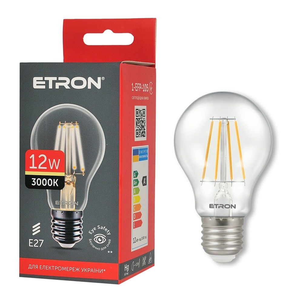 Світлодіодна LED лампа 12W E27 А60 ETRON 1-EFP-105 Filament 4200K, фото 1