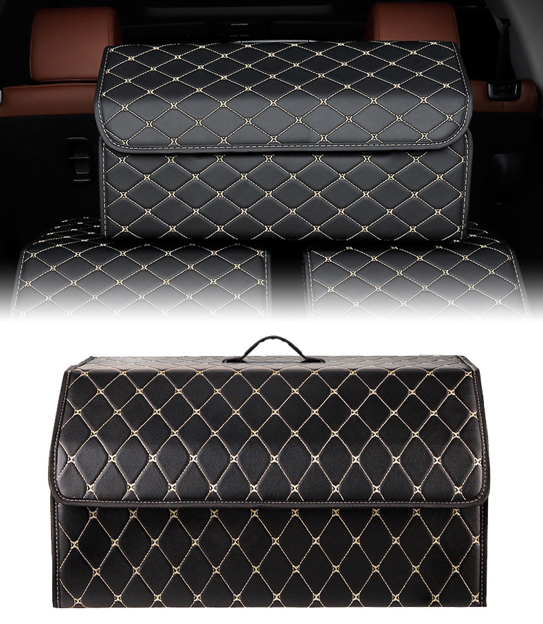 Органайзер у багажник (саквояж) з екошкіри (чорний з бежевою строчкою) AOB-542 L (55x32x30 см)