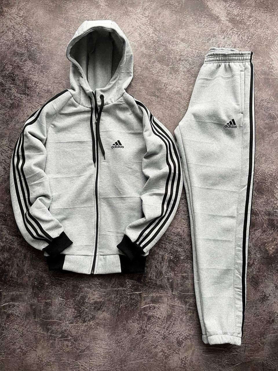 Чоловічий зимовий спортивний костюм Adidas сірий з капюшоном на блискавці Комплект Адідас на флісі, фото 1