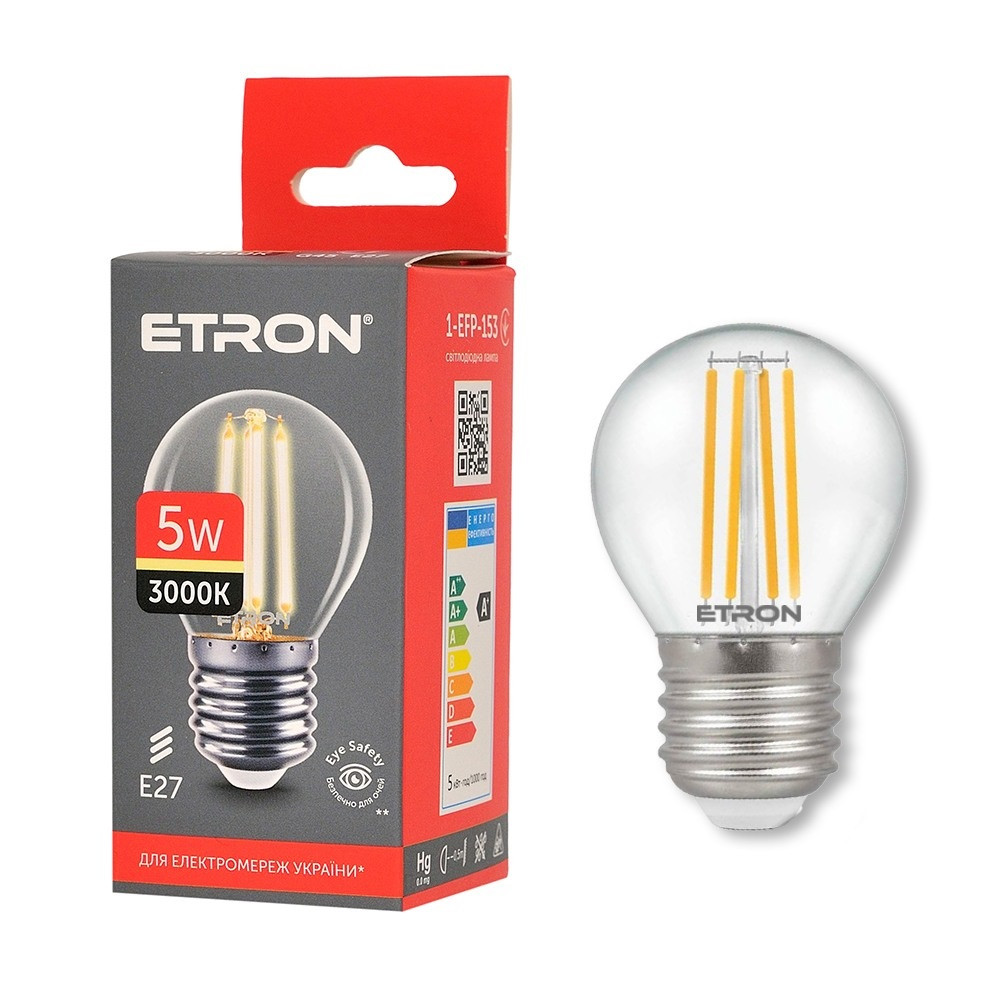 Світлодіодна LED лампа 5W E27 G45 ETRON 1-EFP-153 Filament 3000K, фото 1