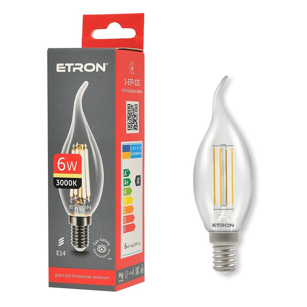 Світлодіодна LED лампа 6W E14 3000К ETRON 1-EFP-133 Filament С37, фото 1