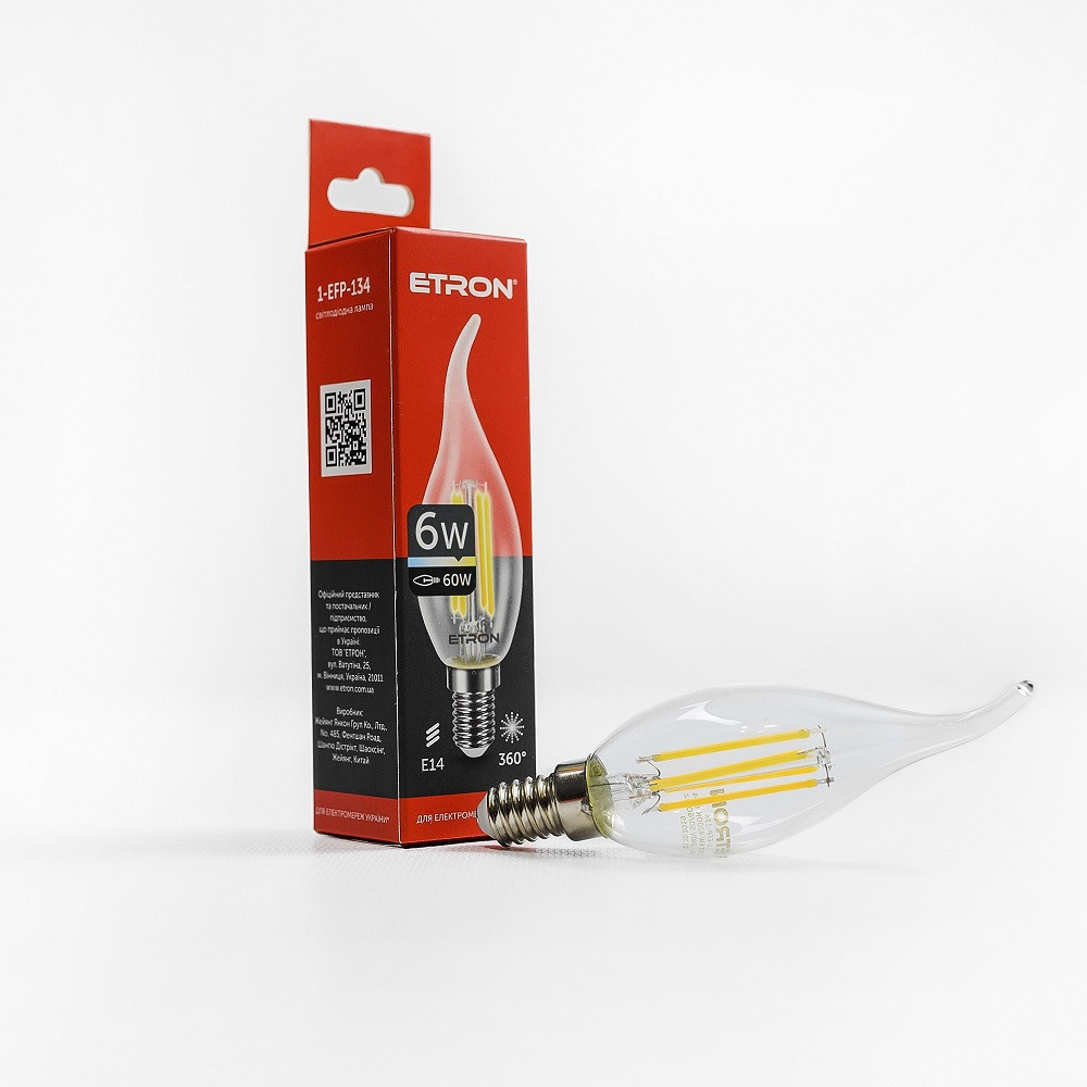 Світлодіодна LED лампа 6W E14 4200К ETRON 1-EFP-134 Filament С37, фото 1