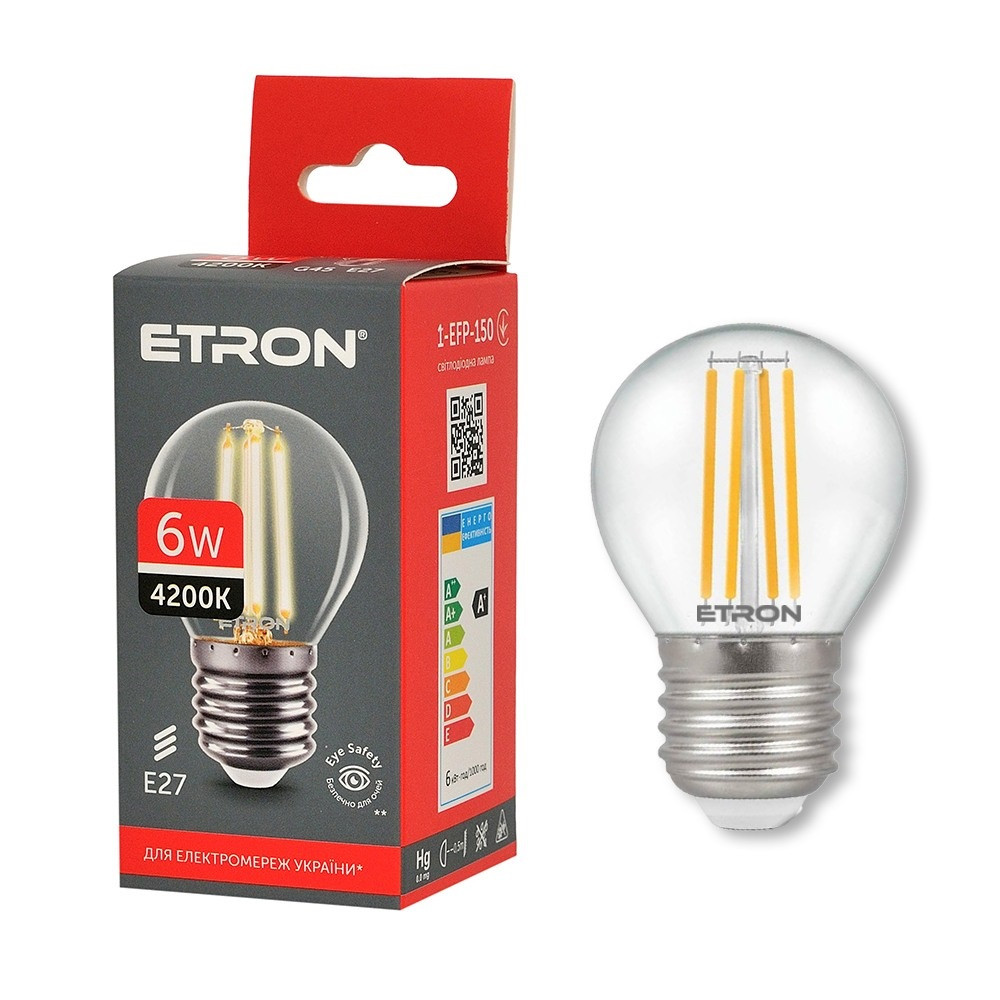 Світлодіодна LED лампа 6W E27 ETRON 1-EFP-150 Filament G45 4200K, фото 1