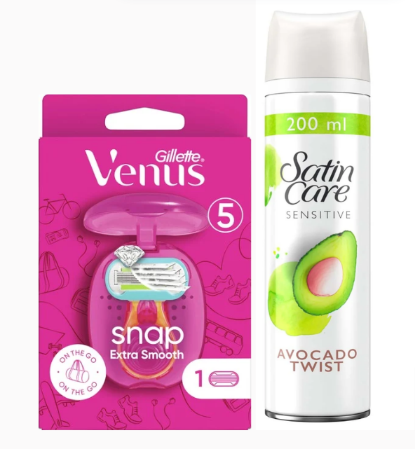 Жіночий станок Gillette Venus Snap Extra Smooth з футляром + гель Gillette Satin Care Gel Avocado 200 мл
