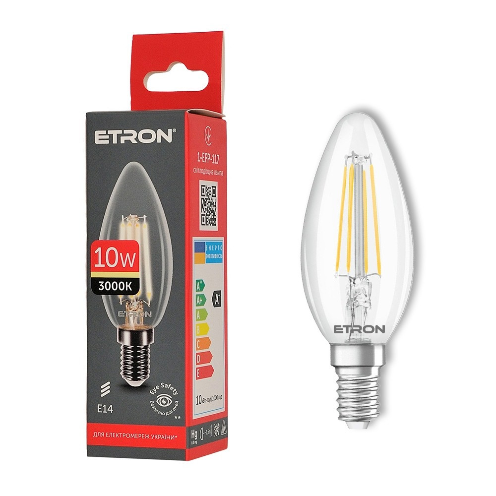 Світлодіодна LED лампа E14 3000K 10W С37 ETRON 1-EFP-117 Filament, фото 1
