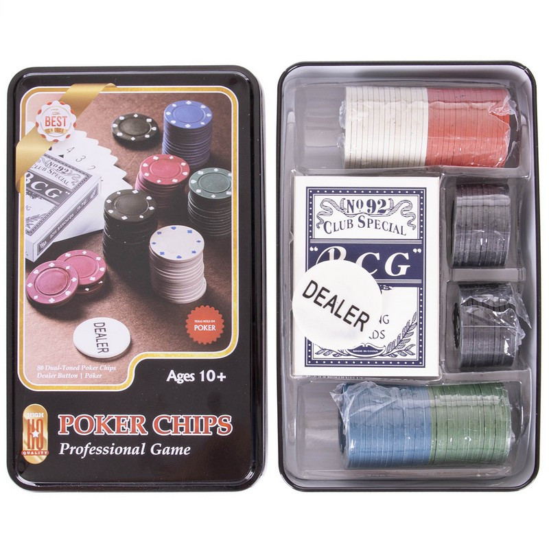 Набір для покера на 80 фішок із номіналом у бляшаній коробці Poker Chips IG-4590, фото 1