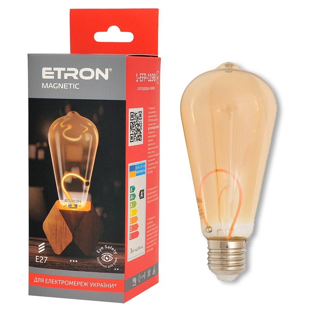 Декоративна LED лампа 3W E27 ST64 1800K ETRON 1-EFP-1198 позолочене скло, фото 1