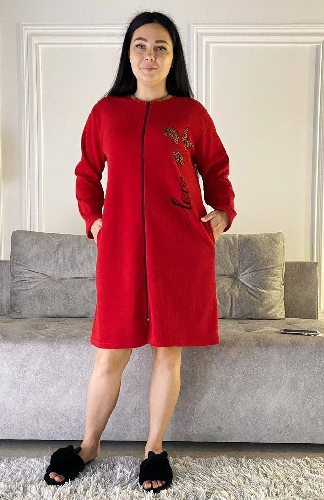 Халат жіночий батал на блискавці теплий довгий червоний р.48-62