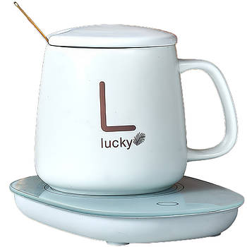 Кружка з кришкою та ложечкою на платформі з підігрівом LUCKY Біла Набір з кухлем у подарунковій упаковці