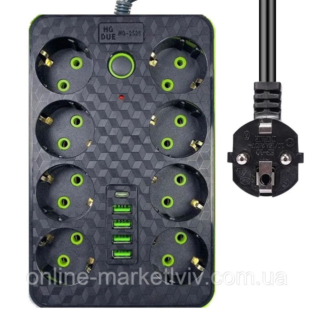 Мережевий фільтр подовжувач 3м, 2500Вт, 8 розеток, 4хUSB, 1хType-C, Чорний / Універсальна переноска-розетка