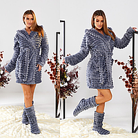 Короткий ніжний і м'який жіночий махровий халат з капюшоном + чобітки в комплекті (р.42-46). Арт-4822/4 сірий