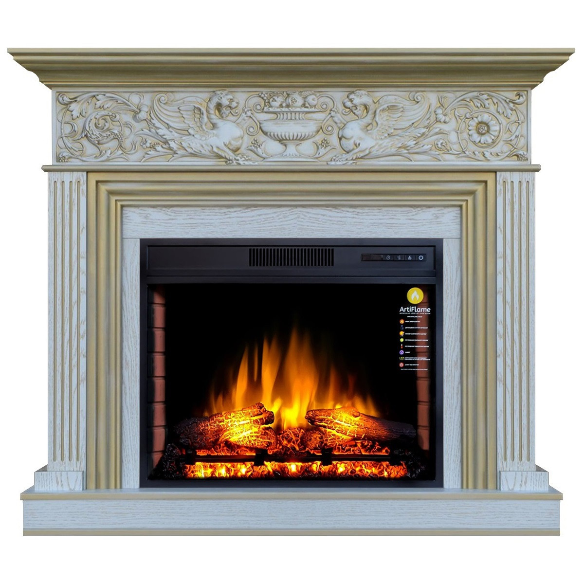 Камінокомплект ArtiFlame RESIDENCE AF28S БІЛИЙ ДУБ Б'ЯНКО, ПАТИНА ЗОЛОТО (зі звуком), фото 1