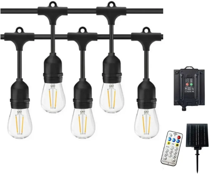 Гірлянда з ретро-лампочками LED Edison, пультом дистанційного керування, сонячною панеллю