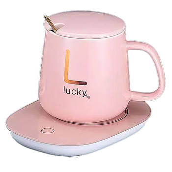 Кружка з кришкою та ложечкою на платформі з підігрівом LUCKY Рожева Набір з кухлем у подарунковій упаковці
