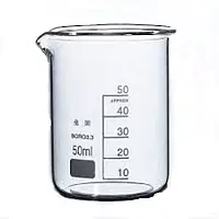 Стакан низький скляний, Н-1-50 ТС, 50 мл із носиком і друкованою шкалою. Україна