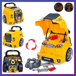 Дитячий ігровий набір інструментів "Автосервіс" із двигуном і кермом 59 предметів. Автотренажер D001-1 Жовтий