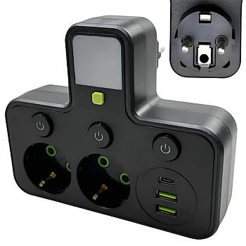 Мережевий фільтр з підсвічуванням 2500Вт, 2 розетки, 2хUSB+Type-C, HG-275 / Розгалужувач у розетку / Мережевий трійник