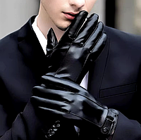 Чоловічі зимові шкіряні сенсорні рукавиці утеплені One Size, повсякденні класичні рукавиці на зиму Чорний