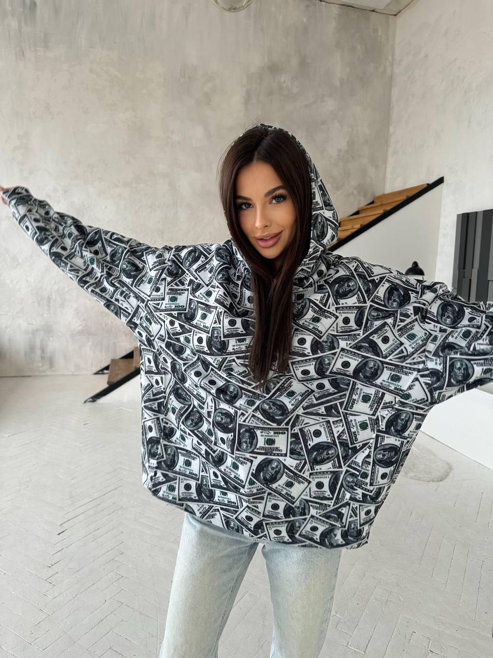 Жіноче тепле худі оверсайз із тринитки на флісі з капюшоном і принтом 63043378, фото 1