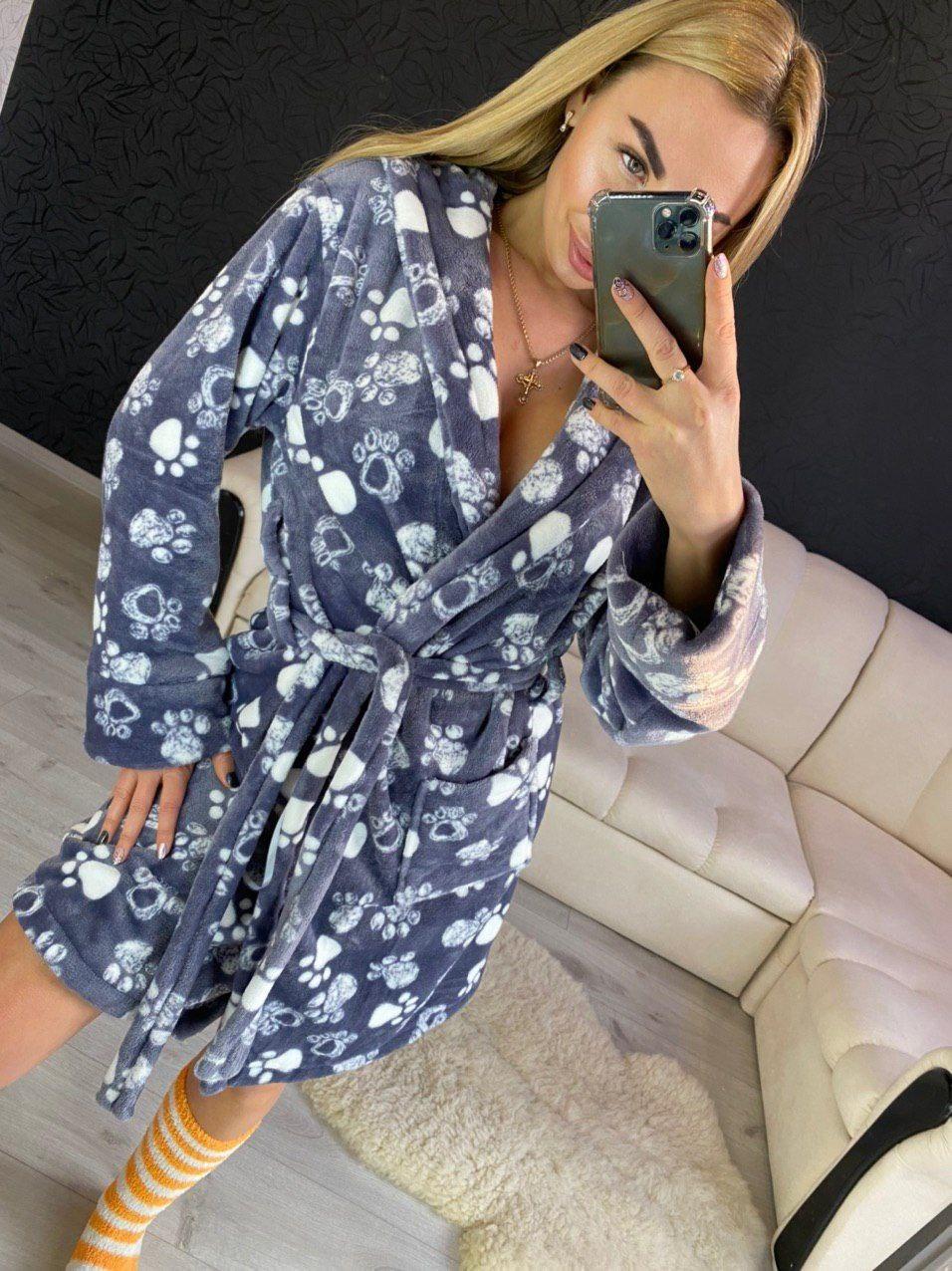 Халат теплий жіночий сірий короткий сліди, фото 1