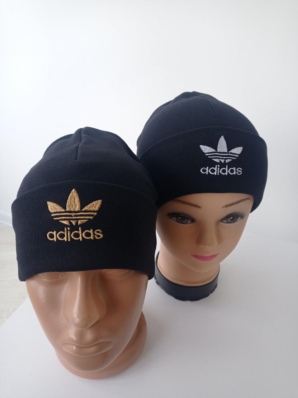 Шапка класична універсальна тонка з відворотом ADIDAS, рібана з начосом ЧОРНИЙ