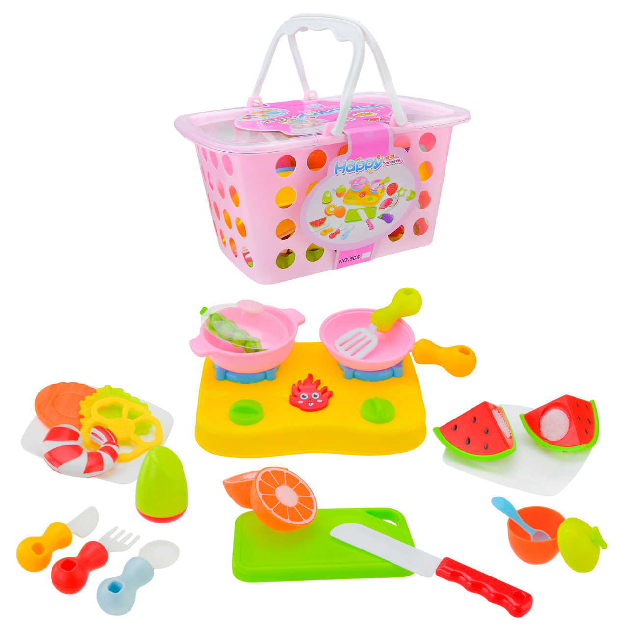 Ігровий набір продуктів 666-45 овочі та фрукти на липучці з плитою каструлею та кошиком 17×23×13 см, фото 1