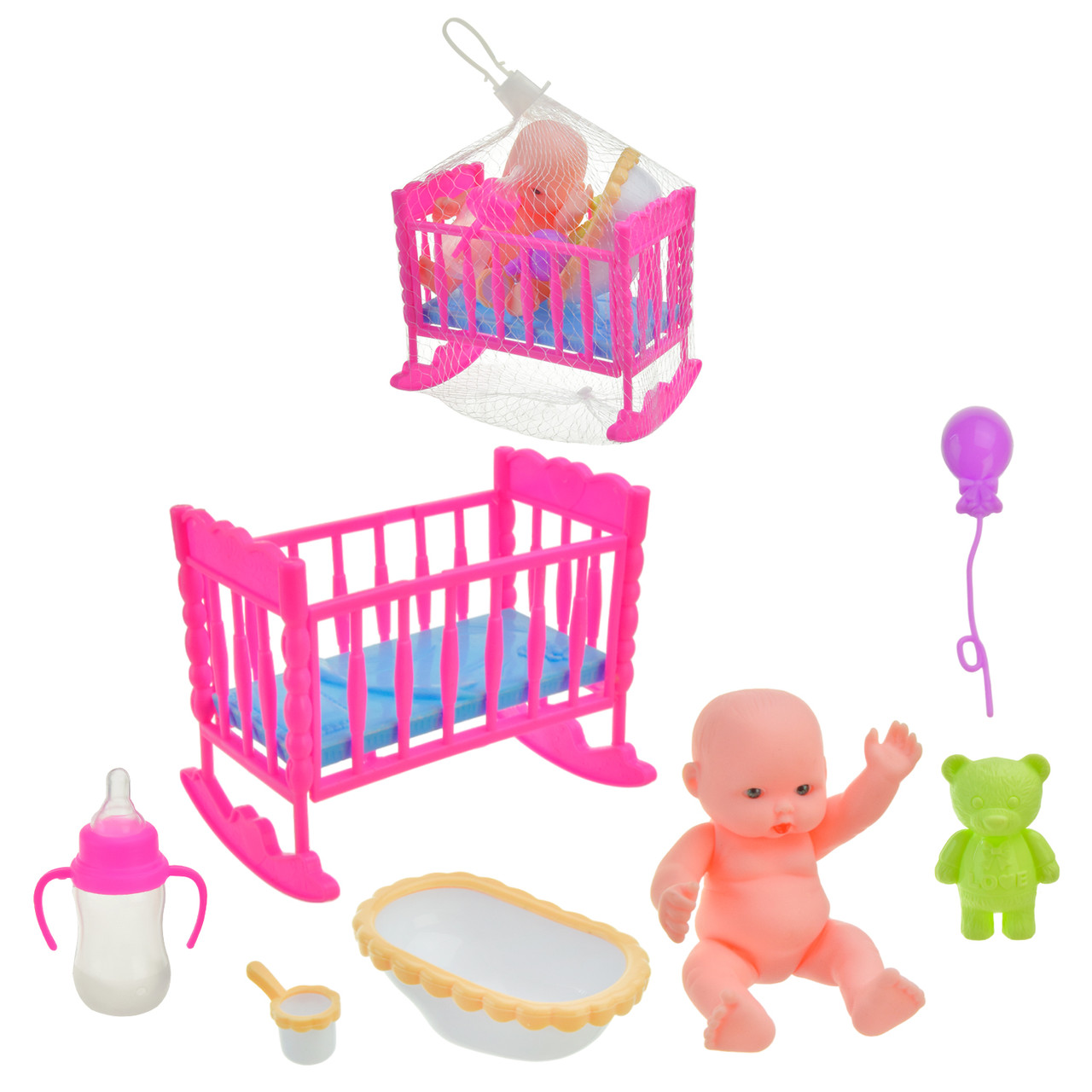 Ігровий набір з пупсом LE566H-9C/9D – ліжечко, ванна, аксесуари, 12×13×9 см, фото 1