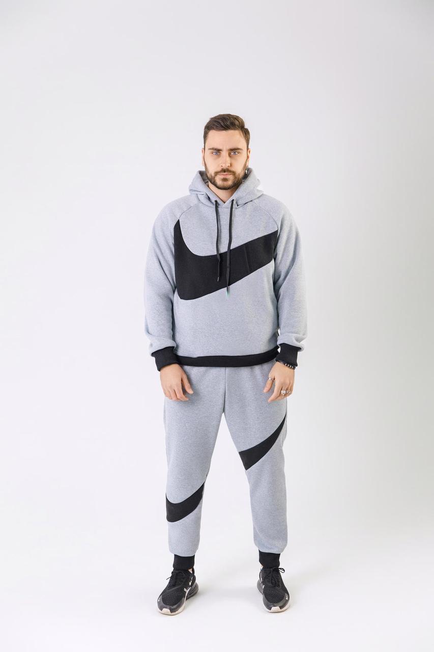 Чоловічий зимовий спортивний костюм Nike Big Swoosh сірий з капюшоном Комплект Найк Худі + Штани на флісі, фото 1