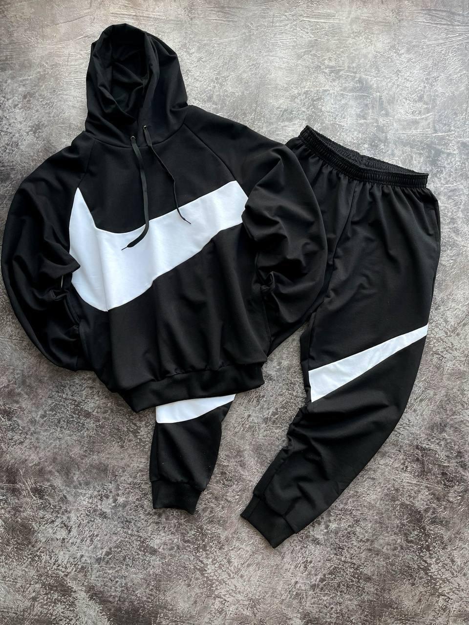 Чоловічий зимовий спортивний костюм Nike Big Swoosh чорний з капюшоном Комплект Найк Худі + Штани на флісі, фото 1