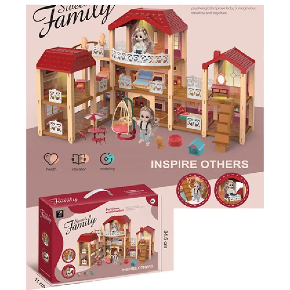 Ляльковий пластиковий будиночок "Sweet family", 3 поверхи, меблі, аксесуари, 2022-108A