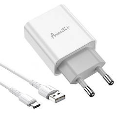 Мережевий зарядний пристрій Avantis A825 (1USB 2.1 A) + USB-кабель Type-C-білий, 8372422 — 886