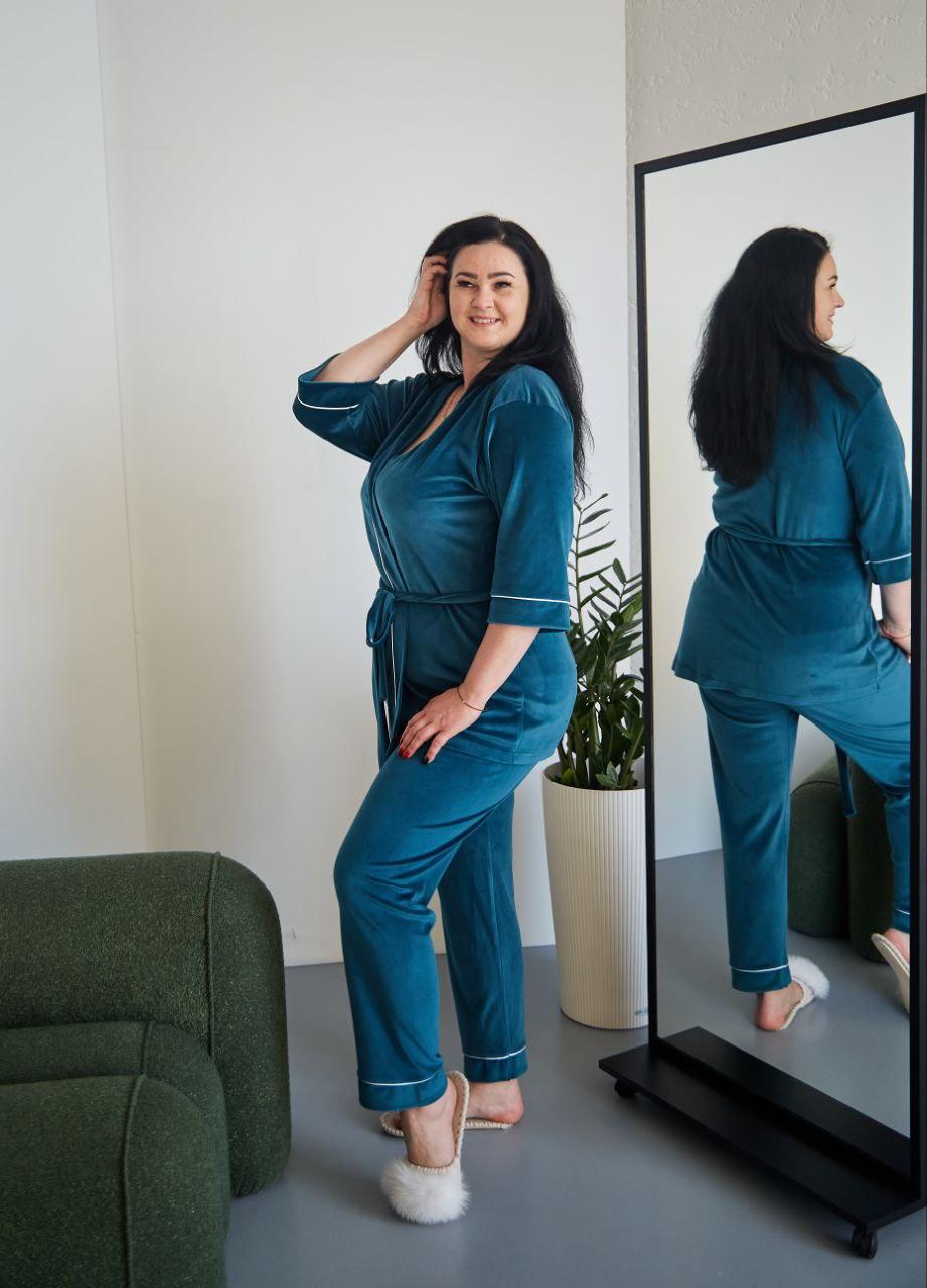 Костюм домашній ВЕЛЮРОВИЙ ЖАКЕТ+ШТАНЦІ ШАЛЬ СМАРАГД 905 БАТАЛ 2XL-5XL, фото 1