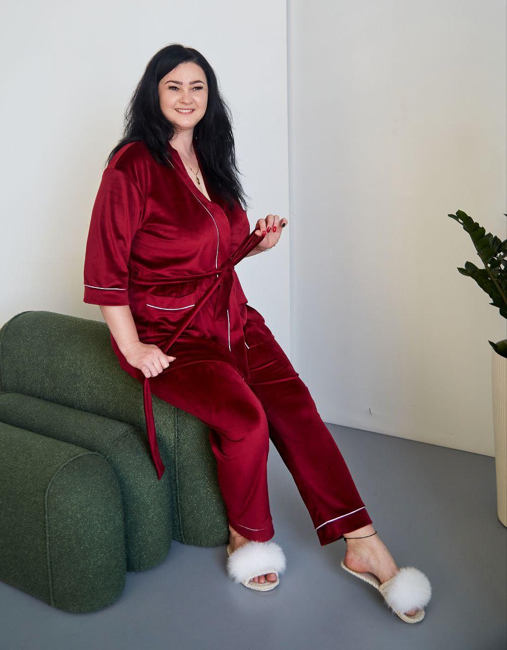 Костюм домашній ВЕЛЮРОВИЙ ЖАКЕТ+ШТАНЦІ ШАЛЬ БОРДОВИЙ 905 БАТАЛ 2XL-5XL, фото 1