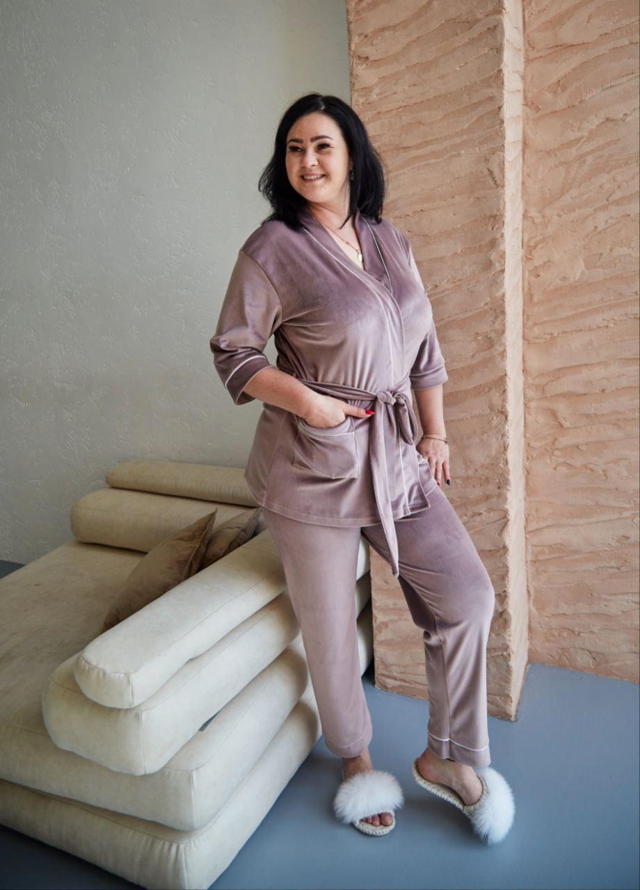 Костюм домашній ВЕЛЮРОВИЙ ЖАКЕТ+ШТАНЦІ ШАЛЬ КАПУЧІНО 905 БАТАЛ 2XL-5XL, фото 1