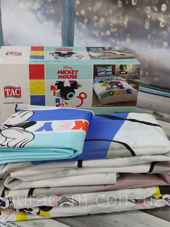 Дитяча постільна білизна, полуторний розмір, простирадло на гумці, Mickey mouse  TAC Туреччина.