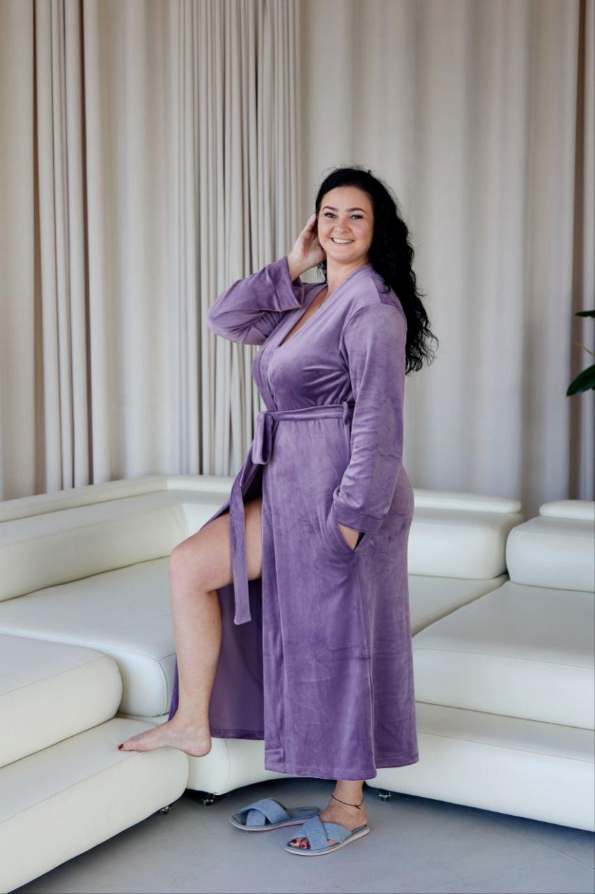 Халат ВЛЮРОВИЙ ДОВГИЙ жіночий БАТАЛ L-3XL ЛАВАНДА/БУЗОК 722, фото 1