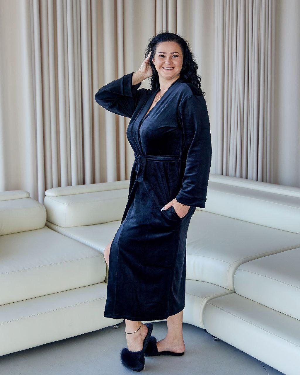 Халат ВЛЮРОВИЙ ДОВГИЙ жіночий БАТАЛ L-3XL СМАРАГД/СИНІЙ 722, фото 1