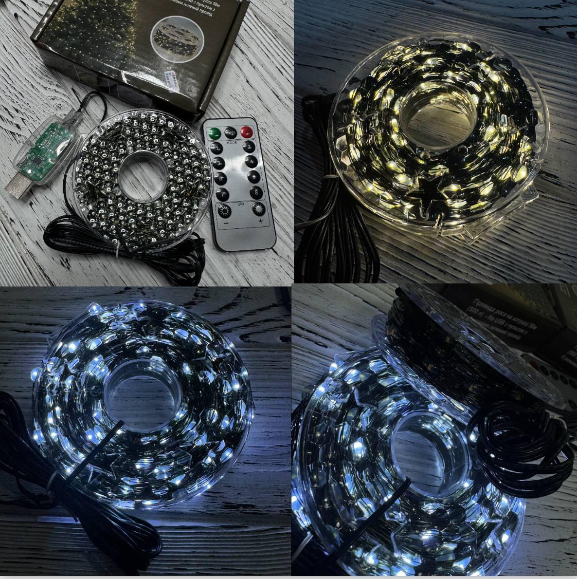 Новорічна гірлянда "Роса" на зеленому дроті 50 м 500Led на USB з пультом і 8 режимами