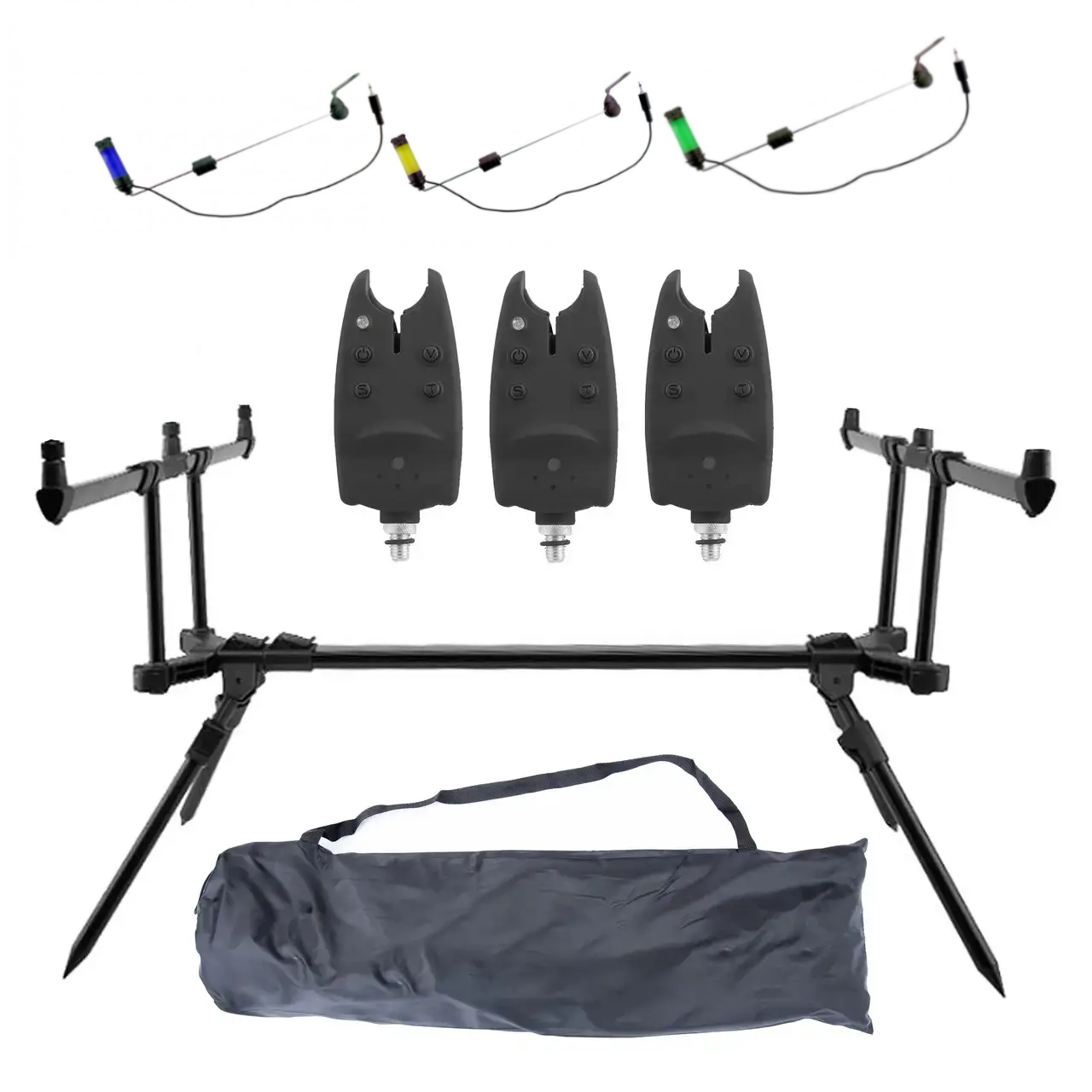 Набір Rod Pod Fishing ROI Hunter II на 3 вудилища з електричними сигналізаторами та підвісом на планці