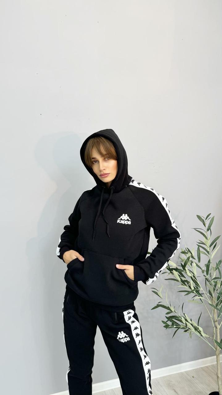 Женский черный спортивный костюм kappa теплый на флисе зимний с капюшоном повседневный костюм унисекс модный