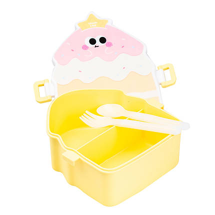 Дитячий ланч бокс на дві секції з виделкою і ложкою Cake 20*18*8 см 950 мл "Тістечко" Жовтий, фото 1