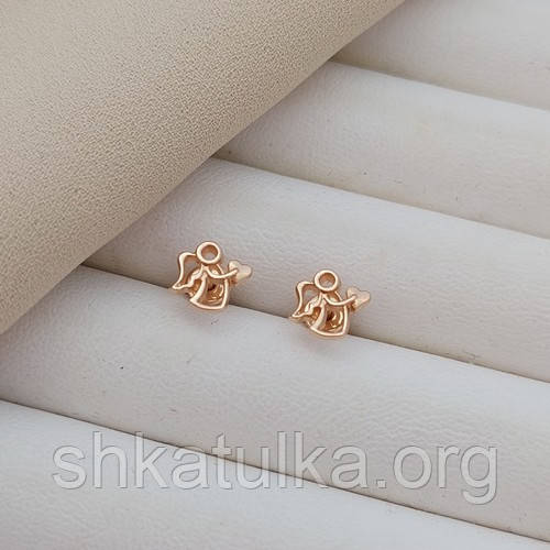 Сережки вкрутки золоті ангели з сердечками без каменів 1.27