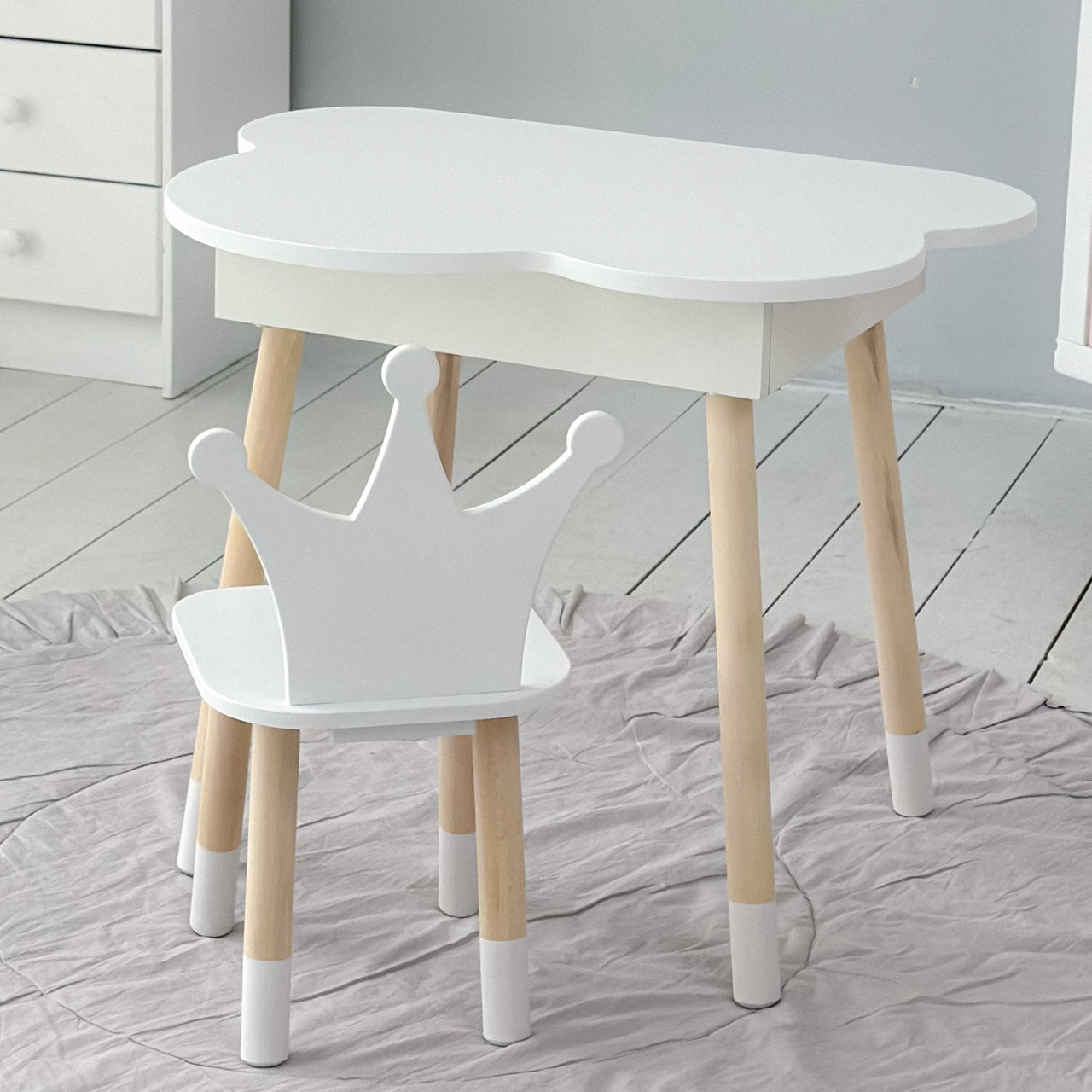 Дитячий столик з ящиком 54х68х50 і стільчик корона 26.5х26х25, стіл та стілець для дівчинки, білий, фото 1