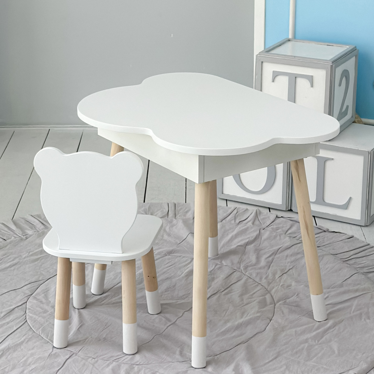 Дерев'яний столик хмаринка із шухлядою 54х68х50 і стільчик метелик 26.5х26х25, стіл та стілець для дівчинки, білий, фото 1