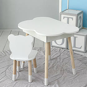 Дерев'яний столик хмаринка із шухлядою 54х68х50 і стільчик метелик 26.5х26х25, стіл та стілець для дівчинки, білий