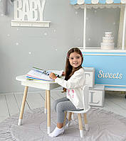 Дерев'яний столик хмаринка із шухлядою 54х68х50 і стільчик вушка зайчика 26.5х26х25, стіл та стілець для дівчинки, білий, фото 3